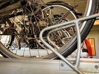 bicycle wheel in the garage