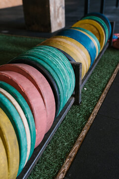 Colorful weights on rack in gym