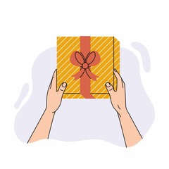 Hands giving a gift box isolated on white background. Vector illustration