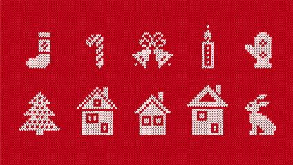 Christmas ugly elements. Knit seamless pattern. Sweater border. Red texture with bells, tree, stocking and house. Knitted print. Xmas ornament. Vector illustration