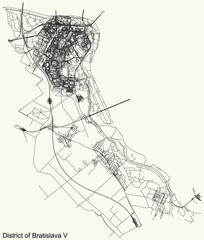 Detailed navigation urban street roads map on vintage beige background of the Bratislavan quarter Bratislava V district of the Slovakian capital city of Bratislava, Slovakia