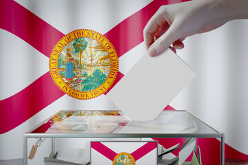 Florida flag, hand dropping ballot card into a box - voting, election concept - 3D illustration - obrazy, fototapety, plakaty