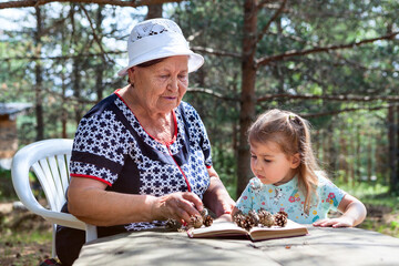 Senior woman play with her granddaughter with cones on wooden table, people living in village