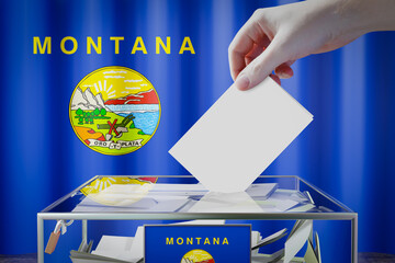 Montana flag, hand dropping ballot card into a box - voting, election concept - 3D illustration - obrazy, fototapety, plakaty