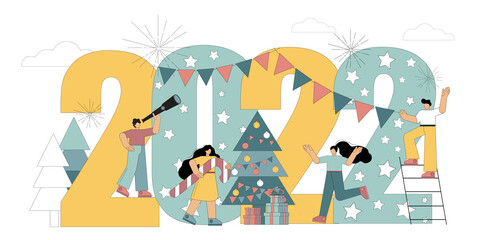Fototapeta premium 2022. Flat people are preparing for Christmas, New Year