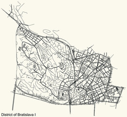 Fototapeta premium Detailed navigation urban street roads map on vintage beige background of the Bratislavan quarter Bratislava I district of the Slovakian capital city of Bratislava, Slovakia