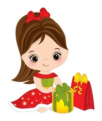 Cute Little Girl Wearing Christmas Dress Holding Gift Boxes. Vector Christmas Cute Girl with Gift Boxes