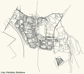 Detailed navigation urban street roads map on vintage beige background of the Bratislavan quarter Lúky locality inside Petržalka borough of the Slovakian capital city of Bratislava, Slovakia