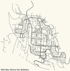 Naklejka premium Detailed navigation urban street roads map on vintage beige background of the Bratislavan quarter Dlhé diely locality inside Karlova Ves borough of the Slovakian capital city of Bratislava, Slovakia