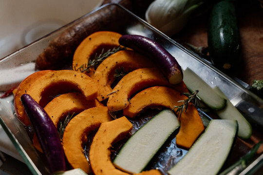 Detail of healthy food on oven kitchen tray 