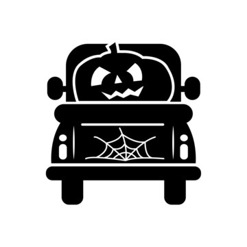 recommend clip art: Halloween truck  silhouette with pumpkins. Outline automobile with autumn harvest isolated on white background. Vector flat illustration. Design for banner, poster, sale, greeting card