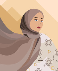 Young Muslim girl in hijab. Modern portrait of an Arab woman dressed in on-trend Memphis elements. Banner for International Women's Day, social media template. Stock vector illustration in flat style.