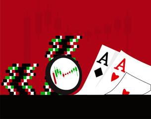 Stock market is uncertain and risky sometimes, can end up like gambling if not understood well; casino coins and cards can be seen in illustration 