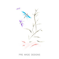 Dragonfly in the grass Watercolor Vector