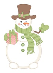 Cute Christmas Snowman Wearing Gentleman Top Hat Holding Gift Box. Vector Happy Xmas Snowman