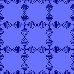 seamless pattern depicting an ornament of spiral lines in the form of a geometrically symmetrical ornament in blue tones for printing on fabric, clothing, packaging and for interior decoration 