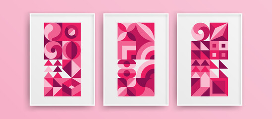 Amazing trendy mural decor layout bundle. Multicolored simple bauhaus shapes design vector template collection.