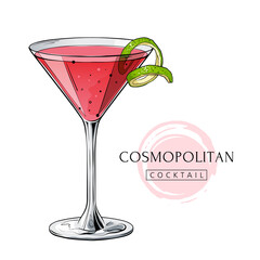 Cosmopolitan cocktail, hand drawn alcohol drink. Vector illustration on white background - obrazy, fototapety, plakaty