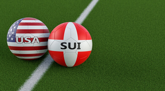 Switzerland vs. USA Soccer Match - Leather balls in Switzerland and USA national colors. 3D Rendering