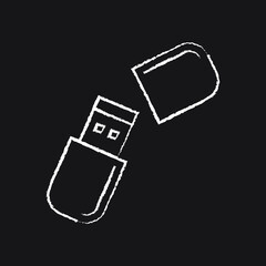 USB drive line Icon design white chalk. Draw a picture on the blackboard.