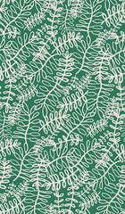 Outline leaf branches seamless repeat pattern. Random placed, botanical vector artwork all over surface print on green background.
