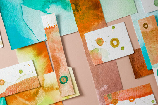 Colourful swatches of watercolor painted paper 