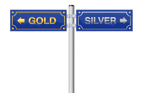 GOLD SILVER street sign, blue signpost - symbolic for decision to buy, sell or invest in gold or silver. Isolated vector illustration on white background.
