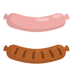 Set of sausages. Raw and fried meat food. Element of hotdog and kitchen. Cartoon flat illustration