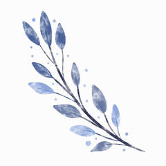 Watercolor textured vector branch with blue leaves and dots. Winter wreath plant element. Floral design artistic botany clip art.