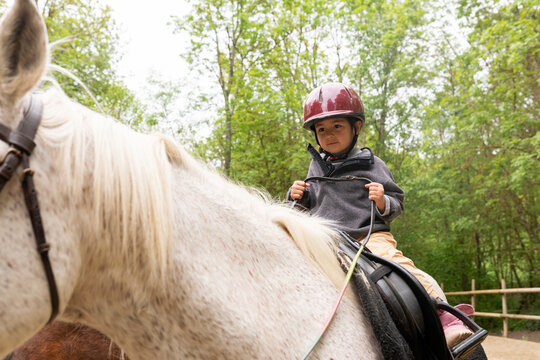 Litle kid riding a white horse in nature