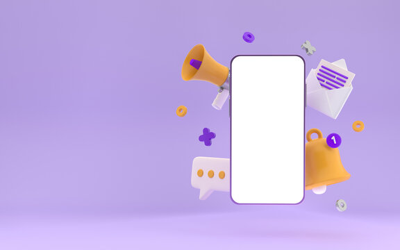 Smartphone Trend Social Media Platform, online social communication applications concept, message, notification and chat bubble floating with smartphone on bright violet background. 3d rendering