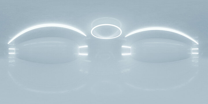 full 360 degree panorama environment map of futuristic white room with circular led lights 3d render illustration hdr hdri vr style panorama