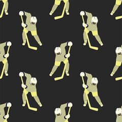 Seamless dark background with hockey players in yellow outfit. Simple vector square illustration on a dark background. Dynamic player movements with a club. Eps 10.