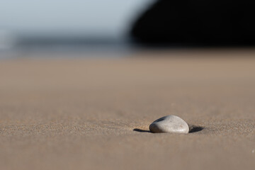 Una pequeña y solitaria piedra en la arena de una playa.
A little stone alone in the sand