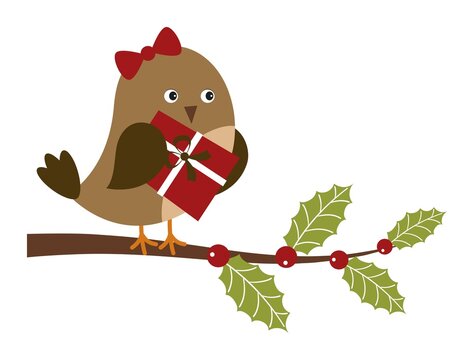 Cute Bird with Bow Holding Christmas Gift Box Sitting on Holly Branch. Vector Cute Bird with Xmas Gift Box