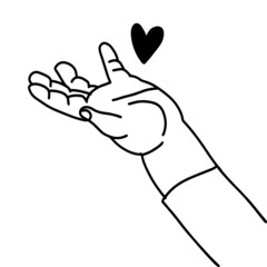 Heart on childish hand. Linear contour trend graphic art design isolated on white background. Concept of nonprofit organization symbol. Line hand drawn illustration.