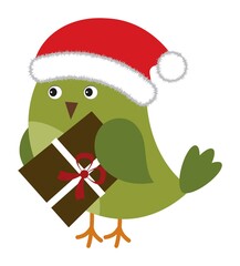 Cute Green Bird Wearing Santa Claus Hat Holding Christmas Gift Box . Vector Cute Christmas Bird