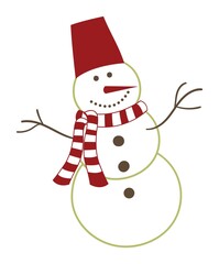 Cute Happy Christmas Snowman with Red Scarf . Vector Happy Xmas Snowman