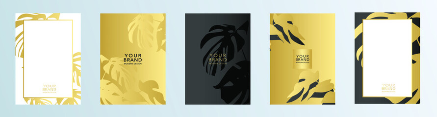 Tropical cover design set with golden palm monstera leaf on background. Holiday white and gold exotic pattern for vector business, sale, wedding card, luxury menu template, summer holiday poster. © Olga Tsikarishvili