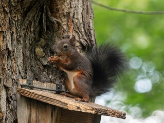 Naklejka na ściany i meble one squirrel stealing food from a bird feeder on a park tree