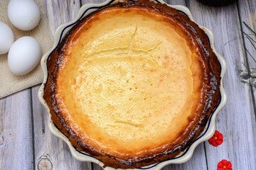 Homemade Yogurt Pie on wooden table. 