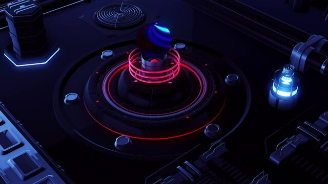 Spinning abstract details with bulbs on a black background, seamless loop. Motion. Space ship alien technologies details.