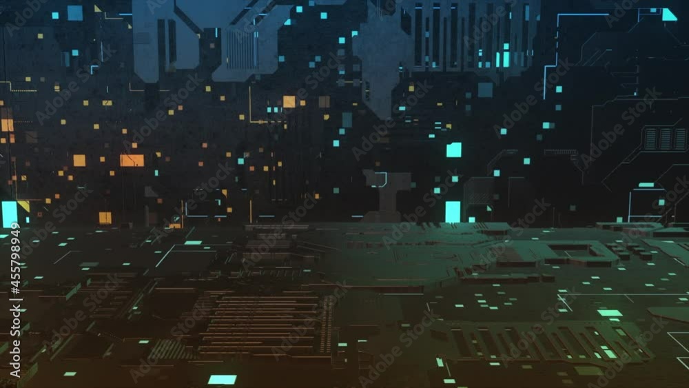Poster abstract visualization of a circuit board with data processing, concept of artificial intelligence. 