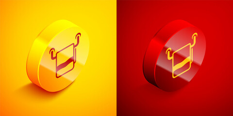 Isometric Towel on a hanger icon isolated on orange and red background. Bathroom towel icon. Circle button. Vector