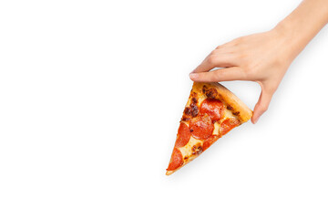 Slice of pepperoni pizza in hand isolated on white. Top view on paperoni pizza. Concept for italian food, street food, fast food, quick bite. Banner with copy space.