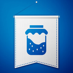Blue Jam jar icon isolated on blue background. White pennant template. Vector