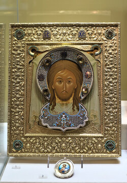Saint Petersburg, Russia: February 20, 2019: Faberge Museum - Icon "Mandylion" XVII century, 1880s'. Workmaster's monogram "IC".