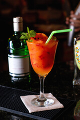 Piña Colada is a sweet cocktail made with rum, coconut milk and pineapple juice. It is usually served shaken or stirred with ice. Its origin is from Puerto Rico.
cocktail isolated on dark bar backgrou