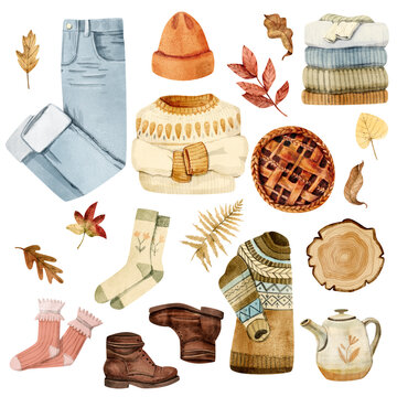 Watercolor autumn set of sweaters, jeans, socks, boots, leaves, teapot, and pie