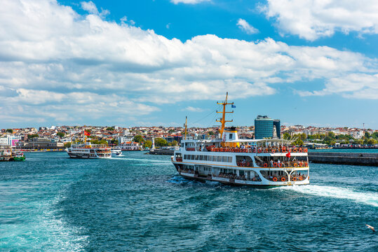 ISTANBUL, TURKEY - SEPTEMBER 4, 2021: Ferry going to Kadikoy. Sea traffic on Istanbul Bosphorus, Turkey.